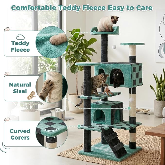 ZENY 53‘‘ Cat Tree with Sisal-Covered Scratching Posts and 2 Plush Rooms Cat Furniture for Kittens (Green + Black)