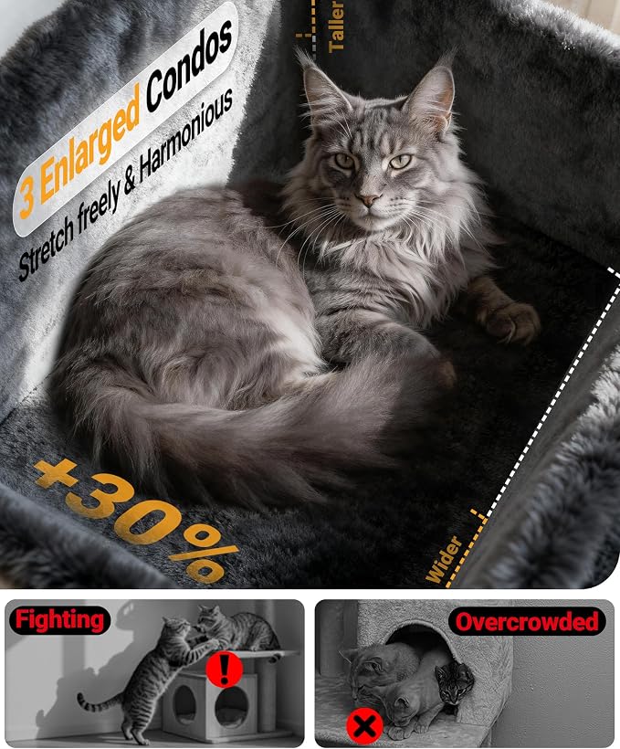 Eco-Wood Cat Tree Tower,【Top Heavy Duty】 Cat Tower for All Indoor Cats | Eco-Wood, 54” Sturdy Cat Tower Bed with 6 Scratching Posts, Scratch rope, Scratcher, 3 Enlarged Cat Condos, Jumping Perches