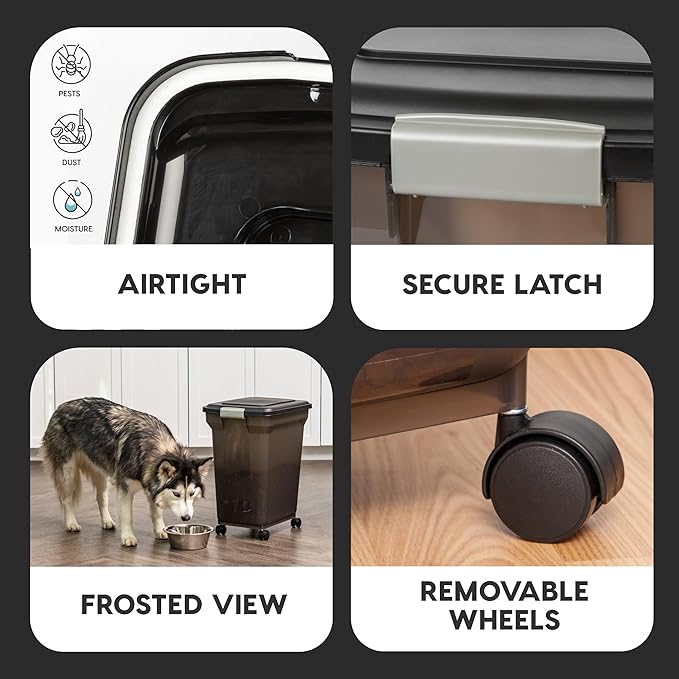 IRIS USA Dog Food Storage Container, Up to 40 lbs, Smoke, Made in USA | Wheels for Mobility, Airtight Seal, BPA-Free, Best for Bird Seed, Cat food, Cat Litter, Chicken Feed, Pellets