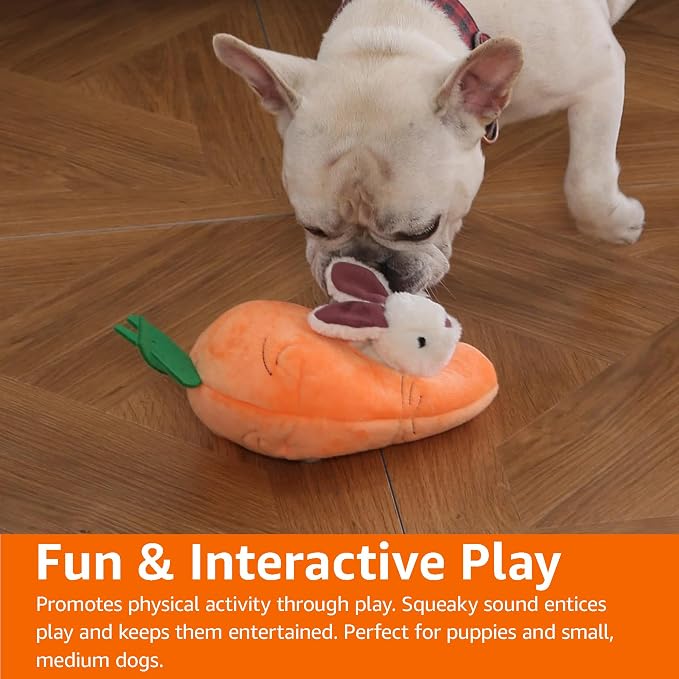 Amazon Basics Interactive Hide and Seek Squeaky Dog Plush Toy with Squeaker for Small Dogs, Rabbit and Carrot, Orange and White, 5-Pack