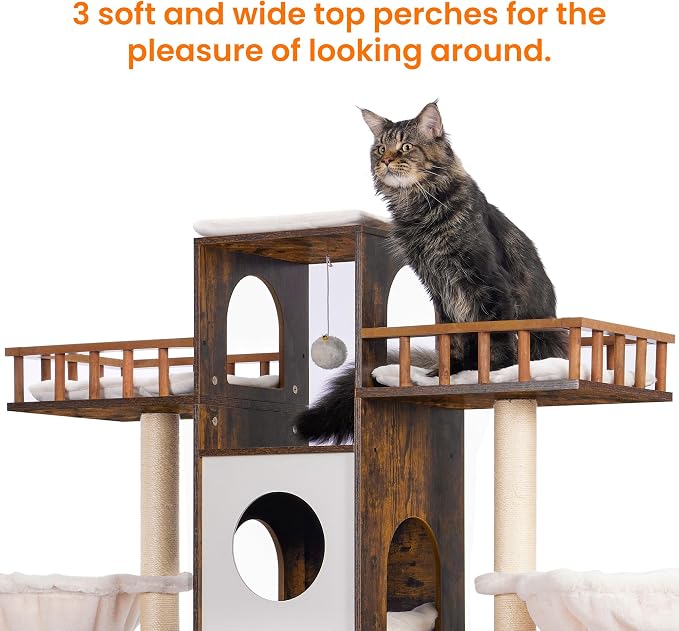 Heybly Cat Tree with Litter Box Enclosure for Indoor Big Cat HCT110SR | Cat Tower for Large Cats 20 lbs Heavy Duty, Modern Cat Condo Furniture with Scratching Posts, Rustic Brown