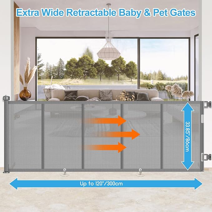 Upgrade 120 inch Retractable Baby Gates, EZIGO Extra Wide Baby Gate for Large Opening Extra Long Mesh Gate for Kids or Pet Dog Gate Child Safety Gate for Stairs Hallways Doorway Indoor Outdoor, Gray