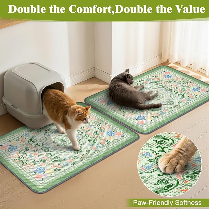 Unicorn Catcher 24X15in 2packCat Litter Mat Machine Washable Soft 3D Air Mesh Litter Box Rug Non-Slip Backing Quick Dry Scatter Control for Paws,Bean Green
