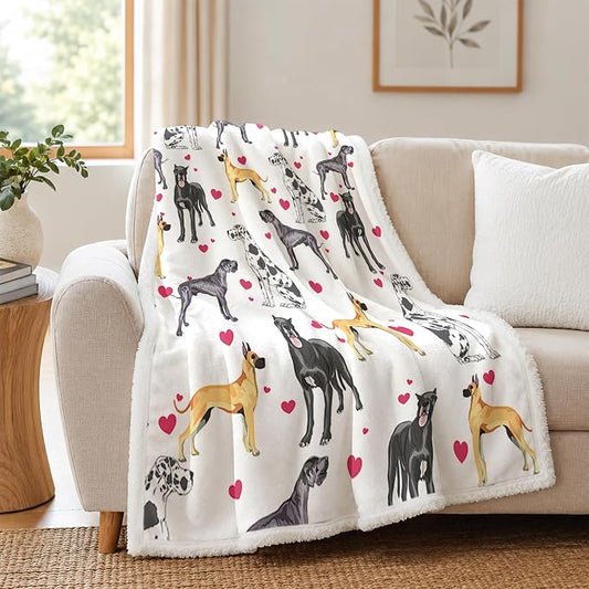BlessLiving Great Dane White Throw Blanket with Dense Black Dog Patterns Sherpa Fleece Blanket Couch Bed, Soft Cozy Warm Pet Blankets for Puppy Lovers Cute Animal Print Gift 60x80 Inches