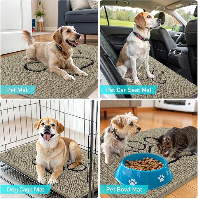 OLANLY Dog Door Mat for Muddy Paws 36x24, Paw Print Design Chenille Mud Mat | Warm Taupe, Absorbent, Traps Moisture and Dirt, Non-Slip Washable Doormat, Quick-Drying Indoor Entryway Floor Carpet for Dogs