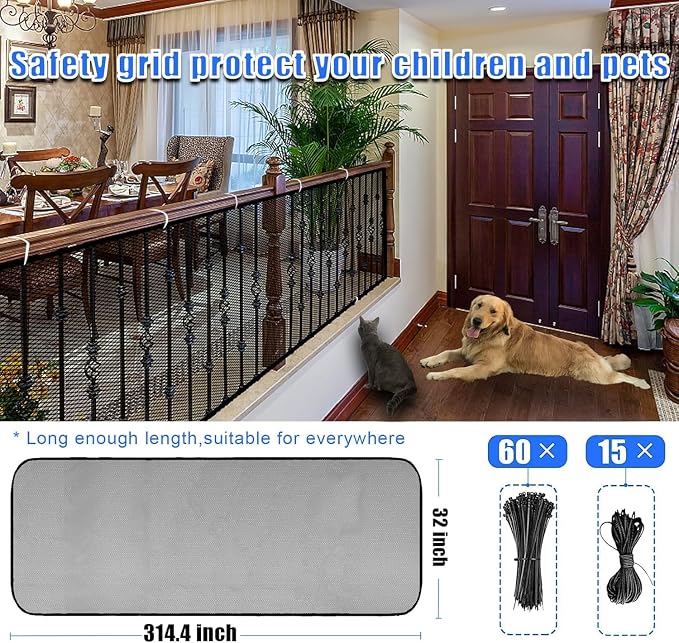 Baby Gate for Stairs, Banister Guard for Kids, Pets, Toys, 26.2ft L x 2.66 ft H, Mesh Netting Safety Net for Balcony Rail Stair, Stairway Net Baby Safety Products for Indoor & Outdoor (Black)
