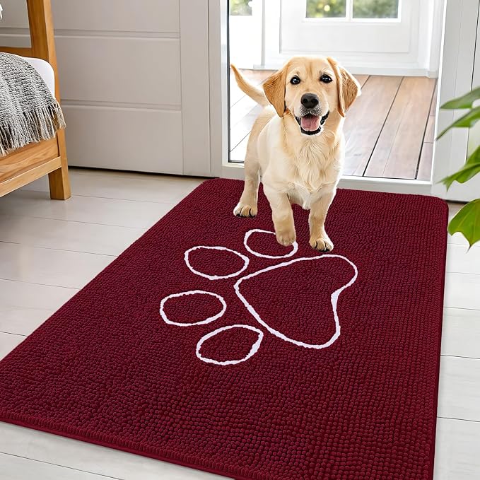 OLANLY Dog Door Mat for Muddy Paws 44x32, Paw Print Design Chenille Mud Mat | Burgundy, Absorbent, Traps Moisture and Dirt, Non-Slip Washable Doormat, Quick-Drying Indoor Entryway Floor Carpet for Dogs