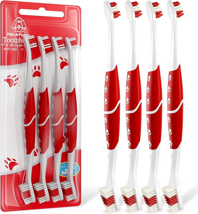 Pet Toothbrush for Dogs, Cats with Soft Bristles - Easy Teeth Cleaning & Dental Care, Non Slip Dual Head Dog Toothbrush for Medium & Large Pets, Toothpaste Not Included, Pack of 4 Red