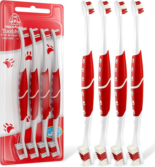 Pet Toothbrush for Dogs, Cats with Soft Bristles - Easy Teeth Cleaning & Dental Care, Non Slip Dual Head Dog Toothbrush for Medium & Large Pets, Toothpaste Not Included, Pack of 4 Red