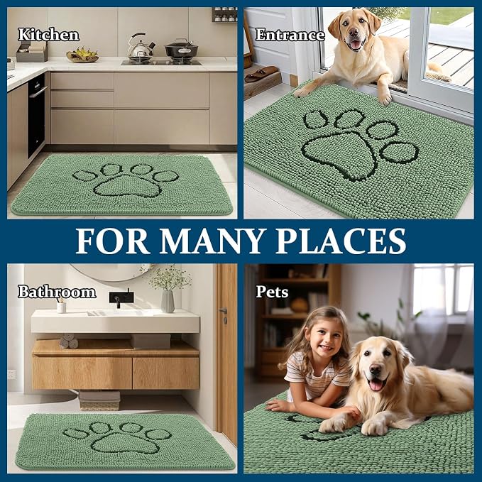 OLANLY Dog Door Mat for Muddy Paws 36x24, Paw Print Design Chenille Mud Mat | Olive Green, Absorbent, Traps Moisture and Dirt, Non-Slip Washable Doormat, Quick-Dry Indoor Entryway Floor Carpet for Dogs
