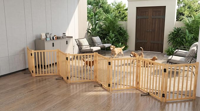 YOCAN Non-Painted Wooden Freestanding Dog Gate, Pet Gate for Indoor Use, Dog Fence for Doorways, Stairs & House, Step-Over Design, Easy to Install-8 Panel 23"