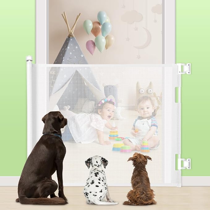 Retractable Baby Gate for Stairs & Doorways, 33" Tall Extends to 55" Wide | Extra Wide Safety Kid Pet Gate, Mesh Dog Gate for Indoor, Outdoor, Hallways One-Handed Operation, Easy Install(33”x55”-White)