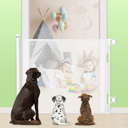 Retractable Baby Gate for Stairs & Doorways, 33" Tall Extends to 55" Wide | Extra Wide Safety Kid Pet Gate, Mesh Dog Gate for Indoor, Outdoor, Hallways One-Handed Operation, Easy Install(33”x55”-White)