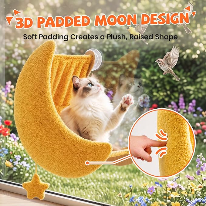 Cat Window Perch Moon Shape, Large Cat Hammock Bed Washable | Suction Mount, Steel Brackets, Soft Fabrics, Natural Pine Wood, Space Saving, Tool-Free Assembly, Watch birds, Sunbathing
