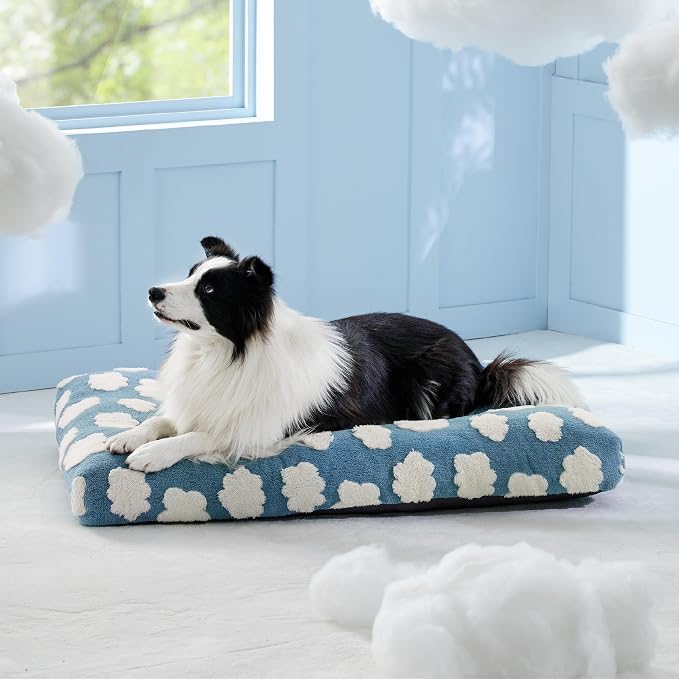 LE SURE Cute Dog Bed Large Sized Dogs-Thick Shredded Chopped Foam Pet Bed as Gift for Indoor with Removable Washable Cover, Modern Fuzzy Plush & Anti Slip Bottom, Blue