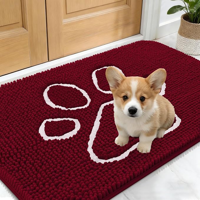OLANLY Dog Door Mat for Muddy Paws 24x16, Paw Print Design Chenille Mud Mat | Burgundy, Absorbent, Traps Moisture and Dirt, Non-Slip Washable Doormat, Quick-Drying Indoor Entryway Floor Carpet for Dogs
