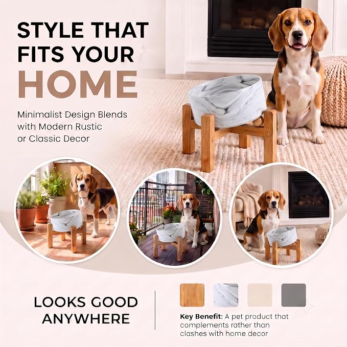 hjn Elevated Ceramic Dog Bowl 15°Slanted Raised Dog Bowl with Bamboo Stand for Small Medium Dogs and Cats, Pet Feeder -3.6-Cup (850ml)-Marble Gray