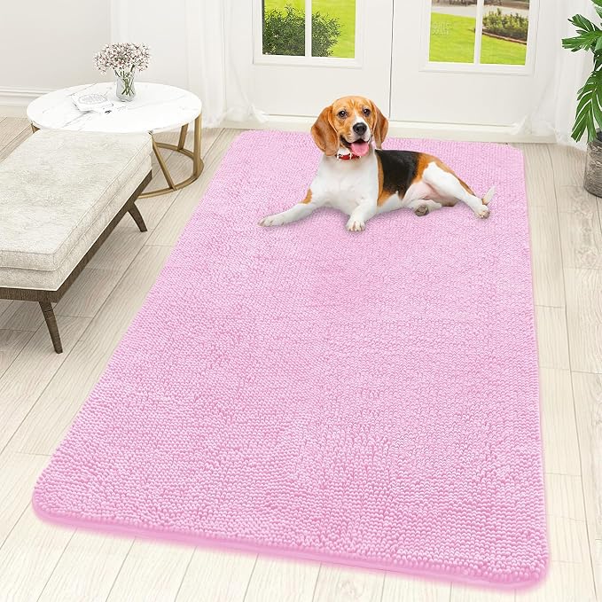 OLANLY Dog Door Mat for Muddy Paws 59x32, Super Absorbent Chenille Mud Mat | Pink, Absorbs Moisture and Dirt, Non-Slip Machine Washable Doormat, Quick-Drying Indoor Entryway Floor Carpet for Dogs