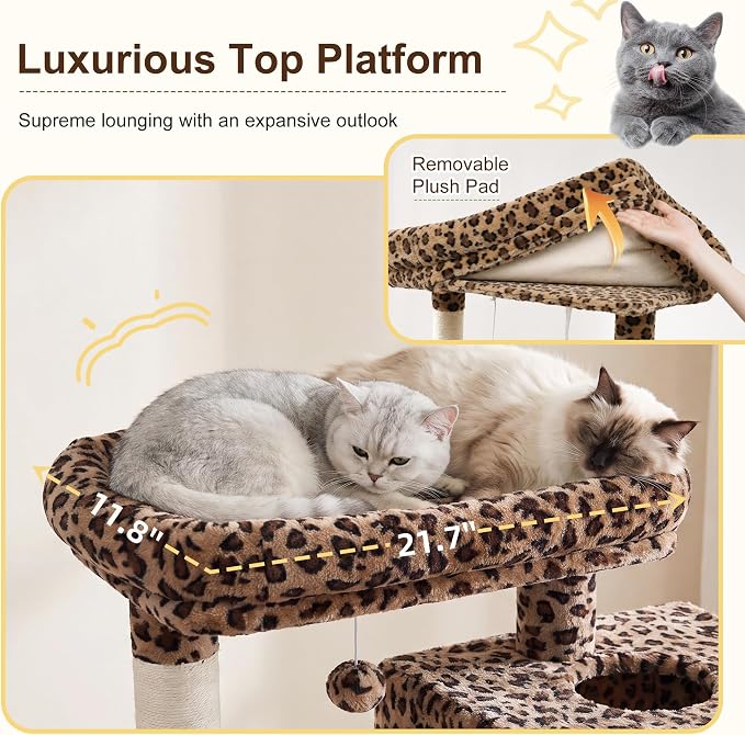 Heybly Cat Tree, 76-Inch Tall Heavy Duty Cat Tower for Big Cats HCT039BW | Multi-Level Large Cat Furniture with Extra Wide Baseboard, 2 Condos & 2 Hammocks, 10 Scratching Posts, Leopard Print