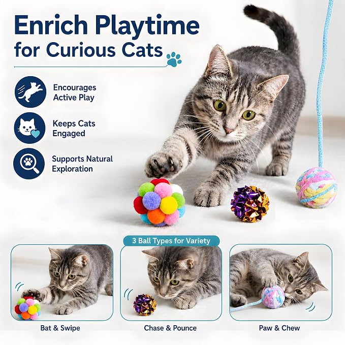 12 Pack 1.7 Inch Cat Toy Balls, Assorted Wool Yarn, Bell & Crinkle Balls for Indoor Cats & Kittens, Interactive Colorful Set