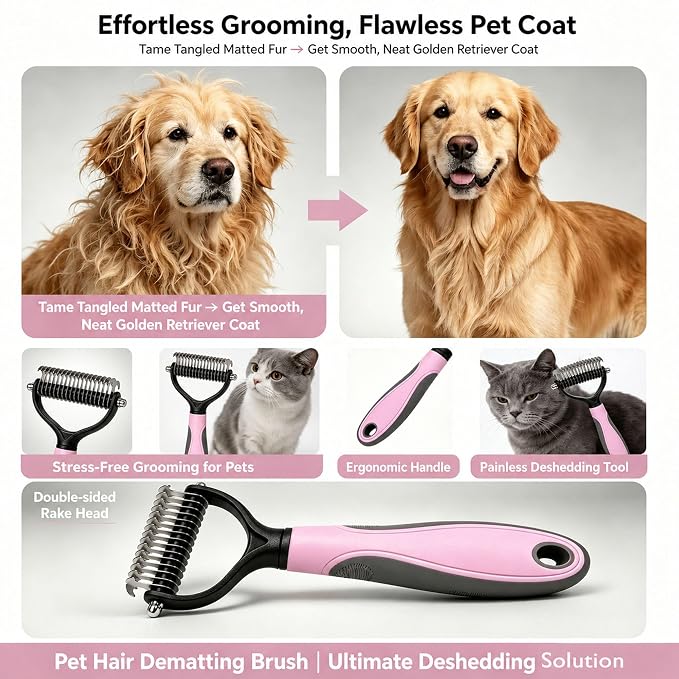 Pet Grooming Brush - Double-Sided Dematting Comb & Deshedding Tool for Dogs and Cats, Effortless Hair Removal, Ideal for Long-Haired Breeds, Reduce Shedding (1, Blue, Small)