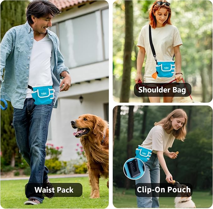 Dog Treat Pouch with Magnetic Closure for Pet Training | 3-Way Wear Treat Bag, 900D Waterproof Fabric, 4 Storage Spaces for Walking, Hiking, Agility, Training & Daily Rewards, Blue