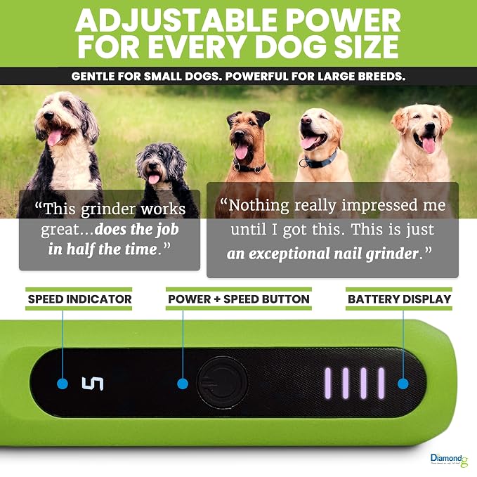 Diamondg Micro Dog Nail Grinder - Quiet Sound with LED Light, Green | 5-Speed Rechargeable Pet Nail Trimmer for Small & Large Dogs, LCD Display, USB-C Charging, 4hrs. Runtime Rotary Tool