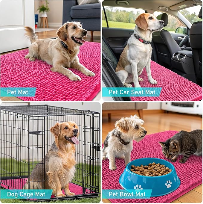 OLANLY Dog Door Mat for Muddy Paws 40x32, Super Absorbent Chenille Mud Mat | Hot Pink, Absorbs Moisture and Dirt, Non-Slip Machine Washable Doormat, Quick-Drying Indoor Entryway Floor Carpet for Dogs