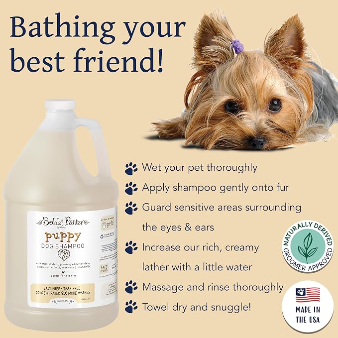Bobbi Panter Puppy Dog Shampoo Milk Protein, Jasmine, Sunflower & Chamomile – Gentle Nourishing Formula for Puppies & Sensitive Skin, Tear-Free, 30:1 Concentrate, Made in USA, 1 Gallon