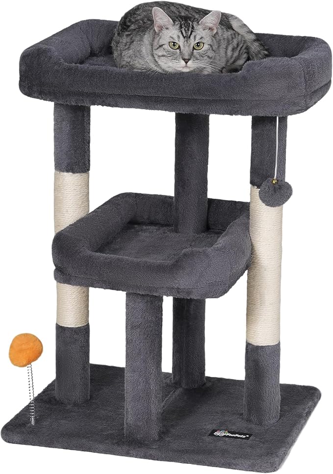 27.6-Inch Cat Tree, Cat Tower for Indoor Cats, Cat Condo for Large Cats, Small Cat Tree with Scratching Post, Toy Balls, for Kittens, 2 Soft Platform, Dark Gray