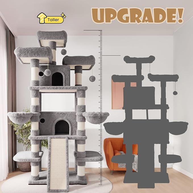 SHA CERLIN 81 Inches Extra Large Cat Tree for Indoor Adult Cats/XXL Big Cat Tower with Condo/Cozy Perches/Sisal Scratching Posts and Hammocks/Activity Center/F80/Heavy Duty/Grey