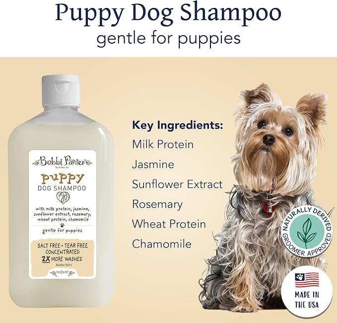 Bobbi Panter Puppy Dog Shampoo Milk Protein, Jasmine, Sunflower & Chamomile – Gentle Nourishing Formula for Puppies & Sensitive Skin, Tear-Free, 30:1 Concentrate, Made in USA, 14 oz
