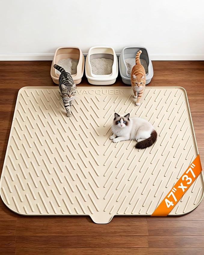 Cat Litter Mat, 47"x37" Extra Large Litter Box Mat, Silicone Mat, Beige | Waterproof Litter Trapping Mat for Scatter Control, Soft on Cat Paws Non-Slip Easy to Clean