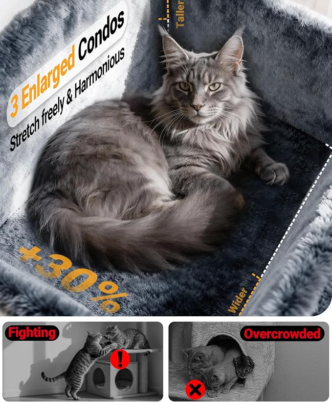 Eco-Wood Cat Tree Tower,【Top Heavy Duty】 Cat Tower for All Indoor Cats | 54” Super Sturdy Cat Tower Bed with 6 Scratching Posts, Scratch rope, Scratcher, 3 Enlarged Cat Condos, Jumping Perches