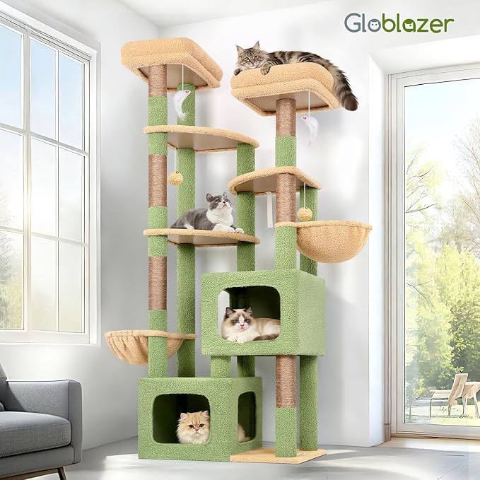 Globlazer S74E Pro Cactus Heavy Duty Maine Coon Cat Tree for Large Cats | 74in Sturdy Multi-Level Tall Cat Tree Tower for Indoor Adult Cats with Scratching Posts, 2 Cat Condos, 2 Top Perches