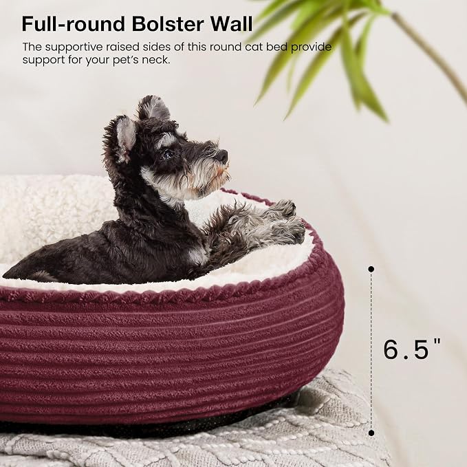Love's cabin Round Donut Cat and Dog Cushion Bed, 24in Pet Bed for Small or Medium Dogs, Anti-Slip & Water-Resistant Bottom, Soft Durable Fabric Pet Beds, Washable Calming Cat Bed Burgundy Stripe