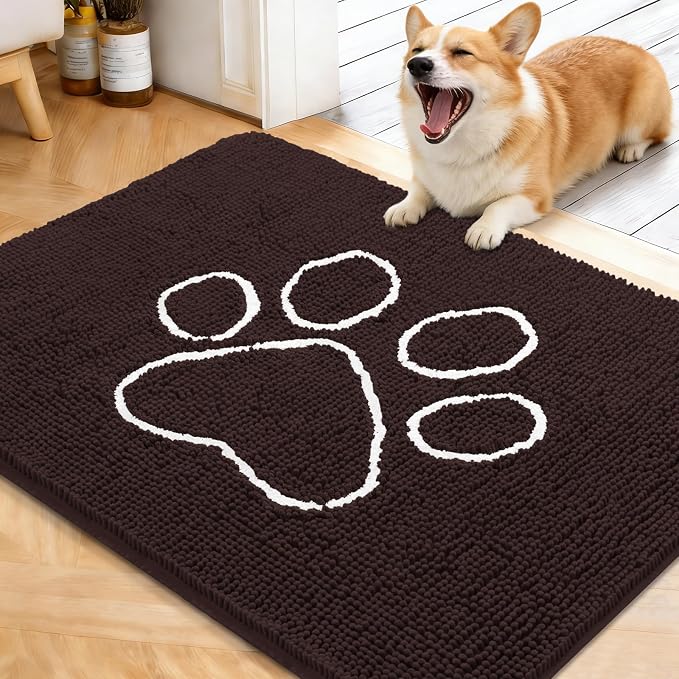 OLANLY Dog Door Mat for Muddy Paws 40x32, Paw Print Design Chenille Mud Mat | Brown, Absorbent, Traps Moisture and Dirt, Non-Slip Washable Doormat, Quick-Drying Indoor Entryway Floor Carpet for Dogs