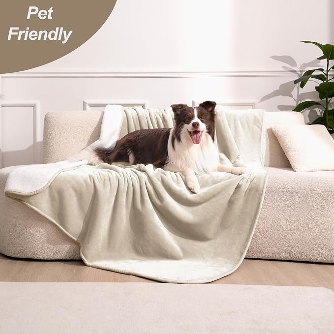 gogobunny Waterproof Bed Blanket, Reversible Sherpa Fleece Throw Blanket for Dog Puppy Cat, Furniture Cover Protects Bed Couch Sofa from Liquid Pee and Pet Fur (Cream, 25x35 inches)