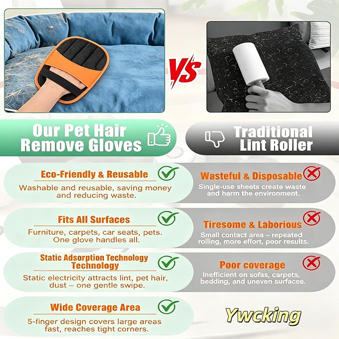 2 Pack Pet Hair Removal Gloves-Orange | Reusable Electrostatic Dog Cat Hair Remover Glove for Furniture Car Seats Clothing,Washable Grooming Mitts for Shedding
