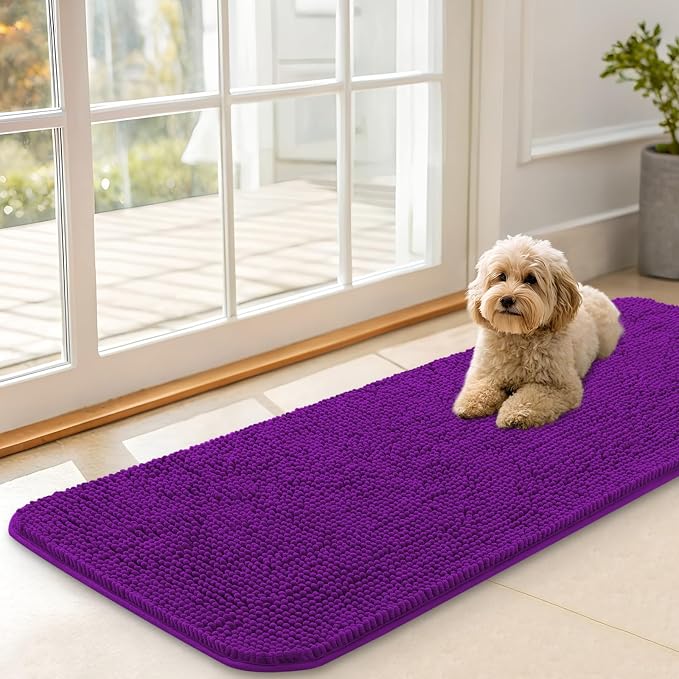 OLANLY Dog Door Mat for Muddy Paws 47x17, Super Absorbent Chenille Mud Mat | Purple, Absorbs Moisture and Dirt, Non-Slip Machine Washable Doormat, Quick-Drying Indoor Entryway Floor Carpet for Dogs