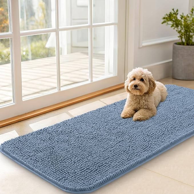 OLANLY Dog Door Mat for Muddy Paws 47x20, Super Absorbent Chenille Mud Mat | Airy Blue, Absorbs Moisture and Dirt, Non-Slip Machine Washable Doormat, Quick-Drying Indoor Entryway Floor Carpet for Dogs
