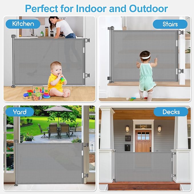 71 inch Retractable Baby Gates, EZIGO Extra Wide Baby Gate for Large Opening Extra Long Mesh Gate for Kids or Pet Dog Gate Child Safety Gate for Stairs Hallways Doorway Indoor Outdoor, Gray