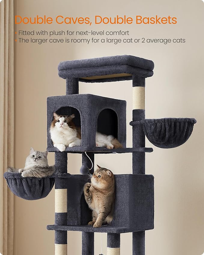 Feandrea Cat Tree, 69-Inch Tall Cat Tower, Multi-Level Plush Condo with 2 Caves, 2 Baskets, 5 Scratching Posts, Self-Groomer, Perch, Hammock, Dark Gray UPCT182G02