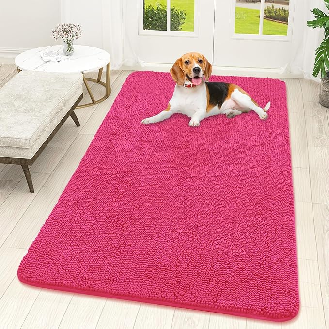OLANLY Dog Door Mat for Muddy Paws 59x32, Super Absorbent Chenille Mud Mat | Hot Pink, Absorbs Moisture and Dirt, Non-Slip Machine Washable Doormat, Quick-Drying Indoor Entryway Floor Carpet for Dogs