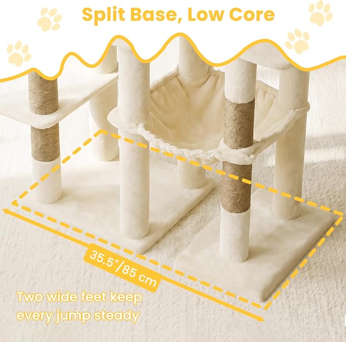 65" Cat Tree Tower, Anti-Tip Cat Condo for Indoor Cats VCT012MJ | Cat Furniture with Extra Wide Baseboard & Large Perch, 2 Hammocks, Cozy Condo, 7 Sisal Scratching Posts, Beige