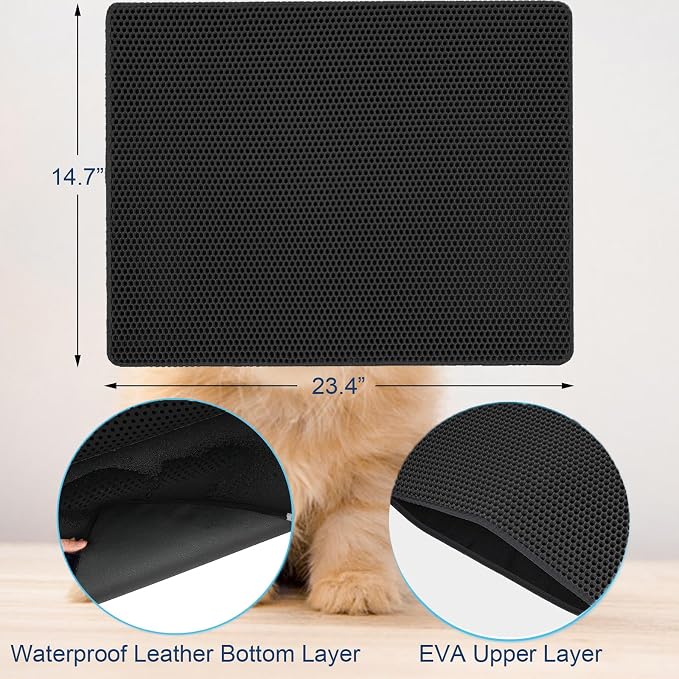 Ultra-Soft Cat Litter Mat 23.4"x14.7" Urine-Proof Non-Slip Black | Catches various litter, 3D large-pore, side-opening pour-out, easy clean, soft & durable, BPA-free, small litter mat