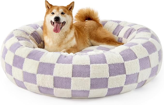 LE SURE Shown on TV Donut Large Dog Bed - XL Round Cat Beds Indoor Anti-Anxiety Calming Bed Present for Pets, Washable Cute Bed with Jacquard Shaggy Plush & Anti Slip Bottom, 36 Inch, Purple