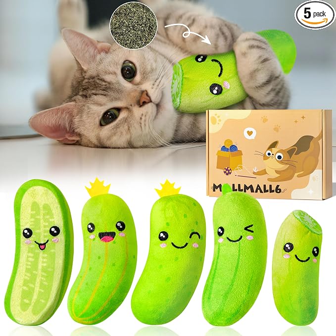 MALLMALL6 Pickle Catnip Cat Toys - 5Pcs Indoor Kitten Chew Bite Kick Cucumber Catmint Interactive Toys for Cat Lover Gifts, Kitty Boredom Relief Supplies with Cute Expression for Pet Birthday Presents