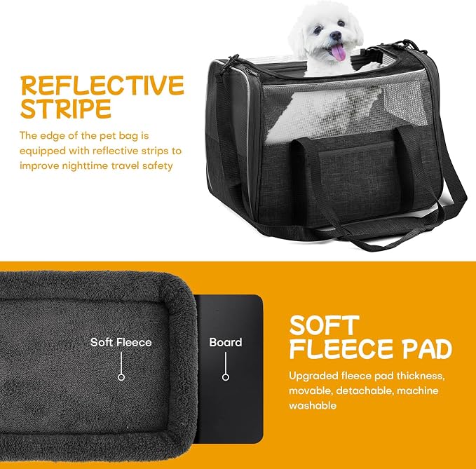 Cat Carrier Soft-Sided for Big Medium Cats, Dog Carriers for Small Dogs, Airline Approved Pet Travel Carrier for Cats Puppies up to 15Lbs with Safety Zippers Foldable Bowl, 17.5x12.4x13.5, Black