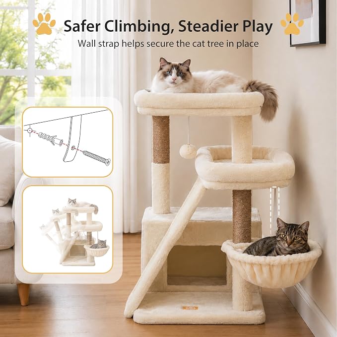 Heybly Compact Cat Tree with Big Scratcher, Stable Cat Tower HCT206SMJ | 27.2" Cat Furniture with 2 Top Perches, Floor Cat Condo, Cozy Hammock, Space-Saving Cat Activity Center, Beige